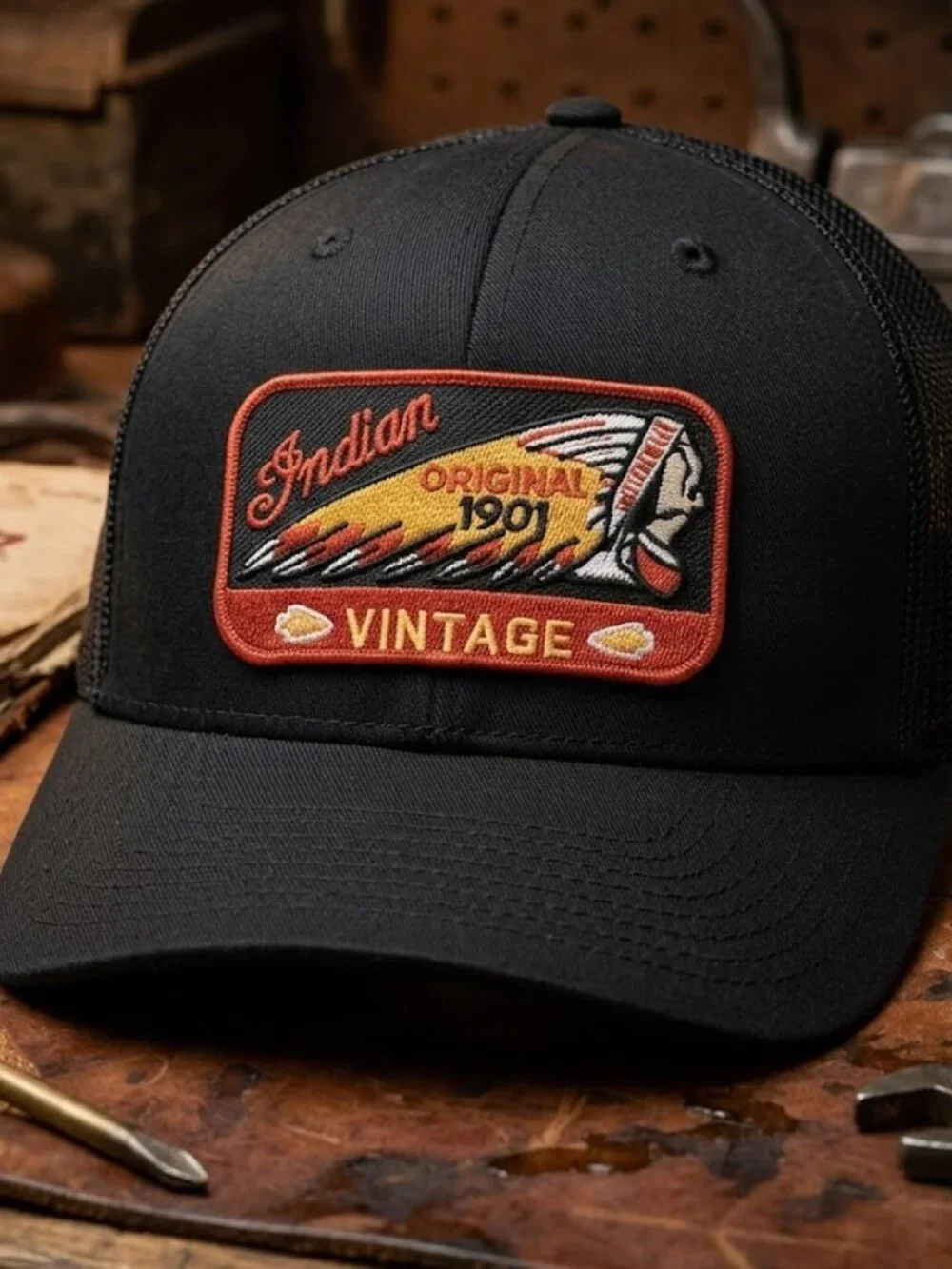 Retro Indian Motorcycle Trucker Hat Vintage Biker Patch Richardson 112 Cap 80s